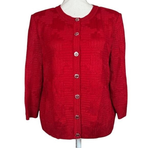St. John Sport Wool Blend Textured Santana Knit Red Cardigan 3/4 Sleeve Large - Picture 1 of 13